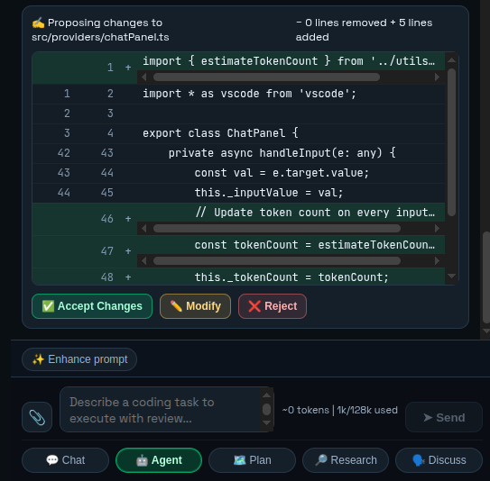 NIM Coder diff viewer with Accept Modify Reject buttons