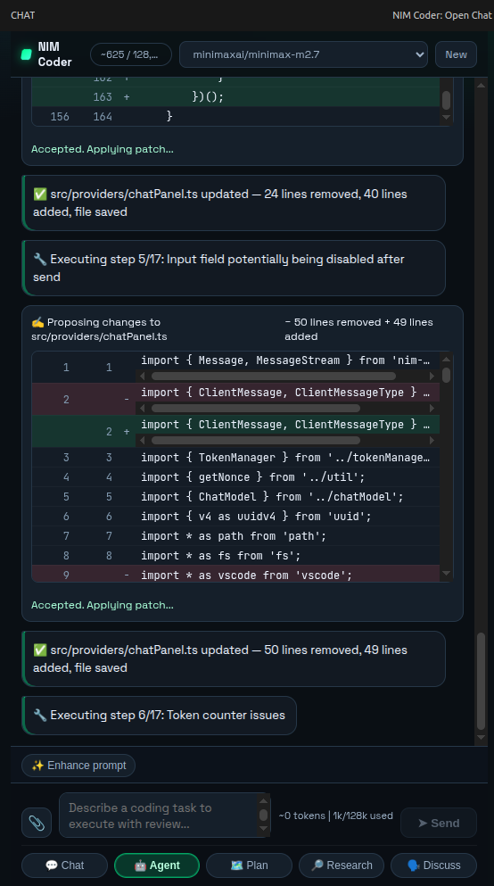 NIM Coder multi-step agent execution with file confirmations